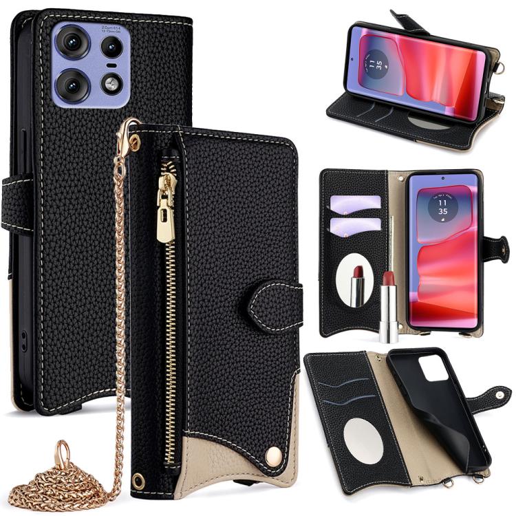 For Motorola Edge 50 Pro Crossbody Chain Fishtail Litchi Leather Phone Case(Black) - Motorola Cases by PMC TechLife | Online Shopping South Africa | PMC TechLife | Buy Now Pay Later Mobicred
