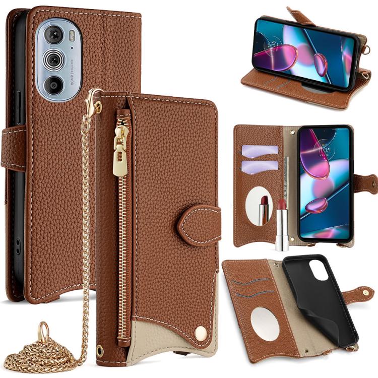 For Motorola Edge+ 2022 / Edge 30 Pro Crossbody Chain Fishtail Litchi Leather Phone Case(Brown) - Motorola Cases by PMC TechLife | Online Shopping South Africa | PMC TechLife | Buy Now Pay Later Mobicred
