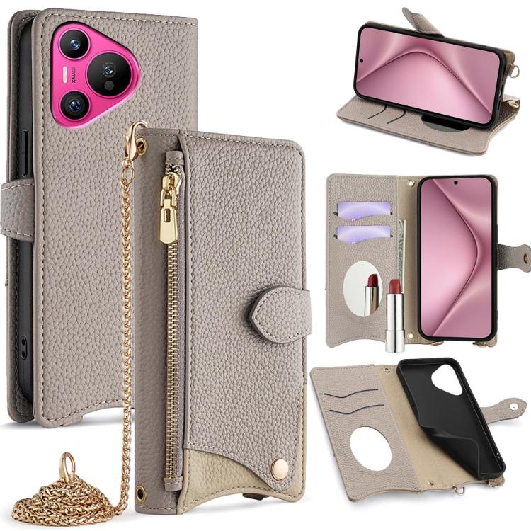 For Huawei Pura 70 Crossbody Chain Fishtail Litchi Leather Phone Case(Grey) - Huawei Cases by PMC TechLife | Online Shopping South Africa | PMC TechLife | Buy Now Pay Later Mobicred
