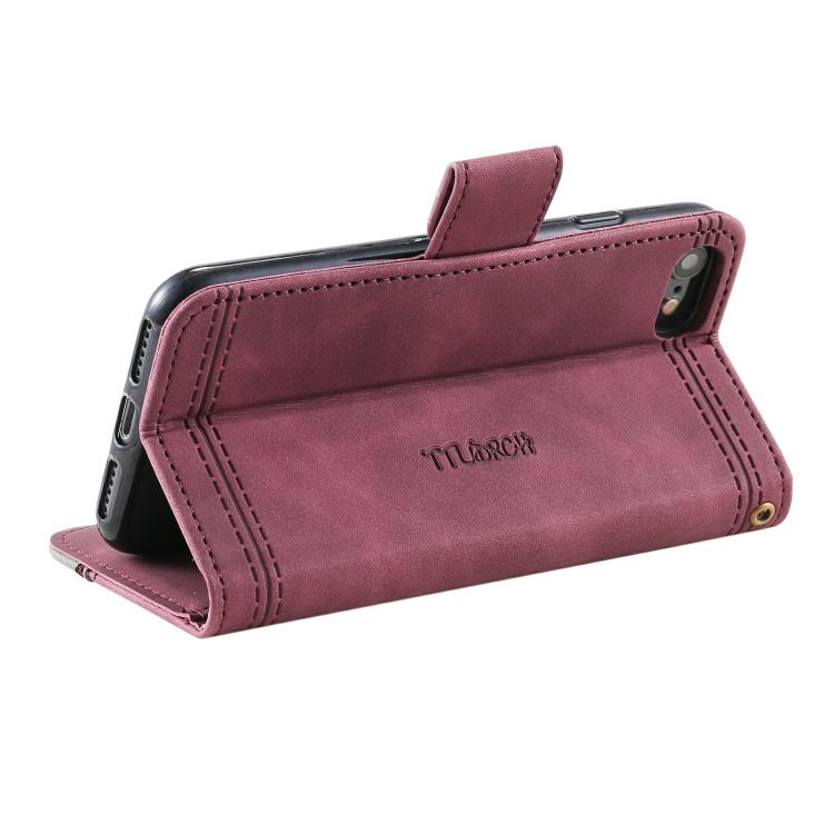 For iPhone 16e TTUDRCH Embossed Line Splicing Leather Phone Case(Wine Red) - iPhone 16e Cases by PMC TechLife | Online Shopping South Africa | PMC TechLife | Buy Now Pay Later Mobicred