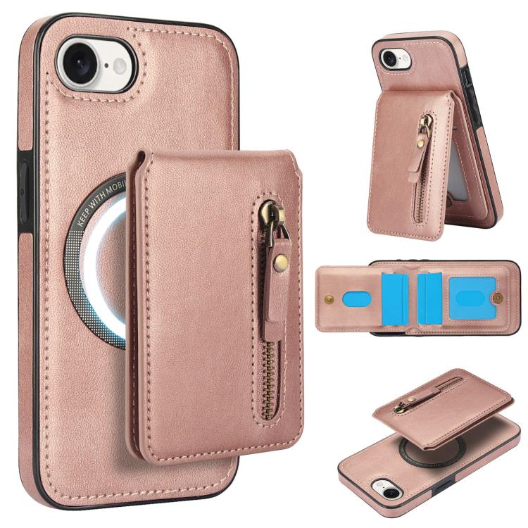 For iPhone 16e Zipper Wallet Split MagSafe Leather Back Phone Case(Rose Gold) - iPhone 16e Cases by PMC TechLife | Online Shopping South Africa | PMC TechLife | Buy Now Pay Later Mobicred