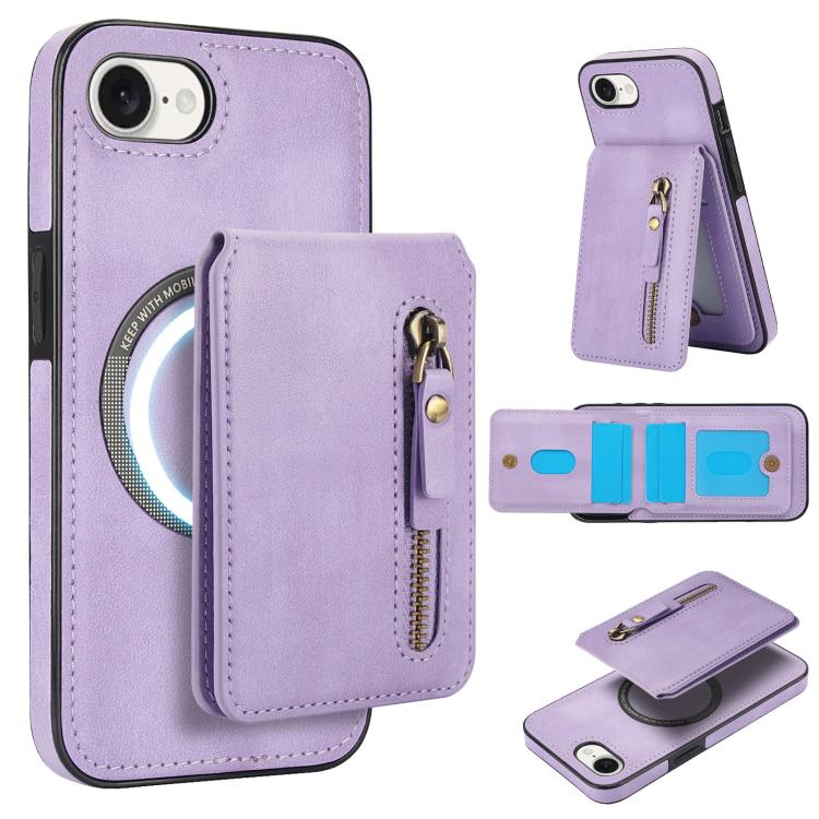 For iPhone 16e Zipper Wallet Split MagSafe Leather Back Phone Case(Purple) - iPhone 16e Cases by PMC TechLife | Online Shopping South Africa | PMC TechLife | Buy Now Pay Later Mobicred
