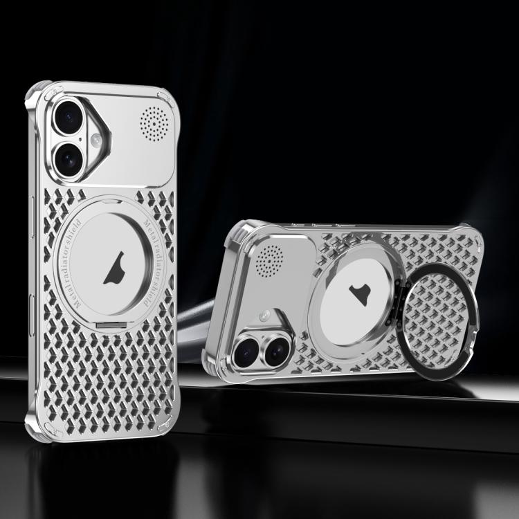 For iPhone 16 R-JUST RJ-64 Aromatherapy Heat Dissipation MagSafe Phone Case with Stand(Silver) - free shipping - PMc TechLife - Order now!