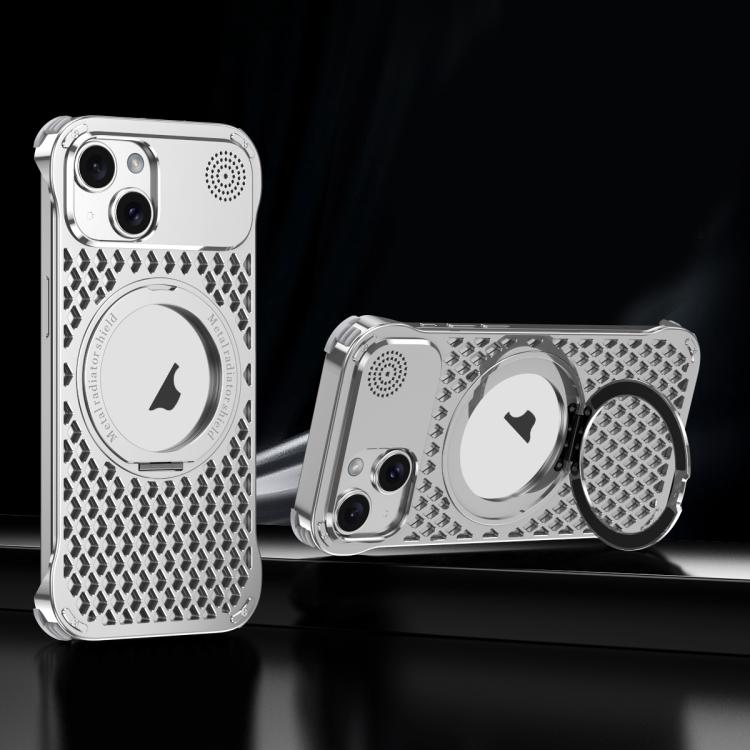 For iPhone 15 R-JUST RJ-64 Aromatherapy Heat Dissipation MagSafe Phone Case with Stand(Silver) - free shipping - PMc TechLife - Order now!