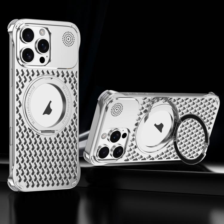 For iPhone 14 Pro R-JUST RJ-64 Aromatherapy Heat Dissipation MagSafe Phone Case with Stand(Silver) - free shipping - PMc TechLife - Order now!