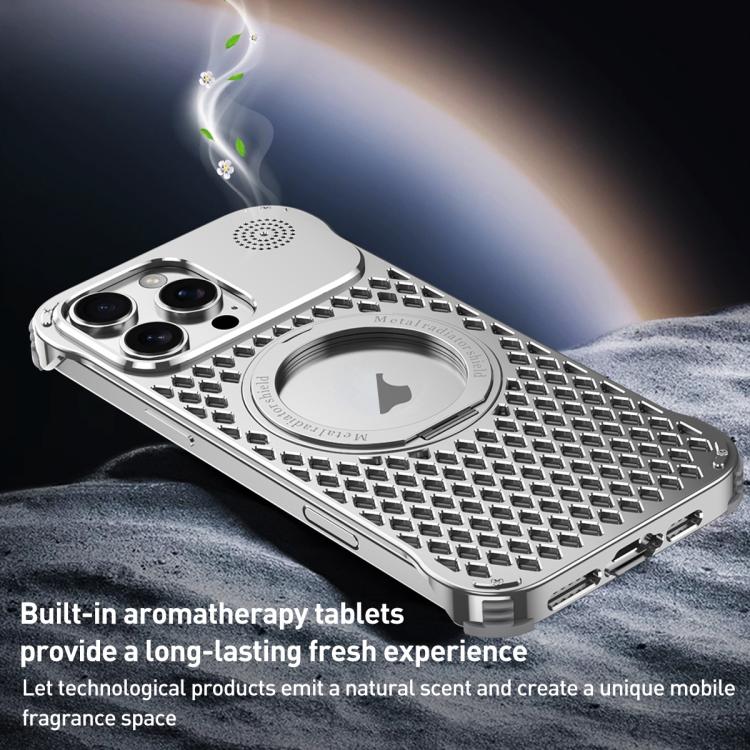 For iPhone 14 R-JUST RJ-64 Aromatherapy Heat Dissipation MagSafe Phone Case with Stand(Silver) - free shipping - PMc TechLife - Order now!