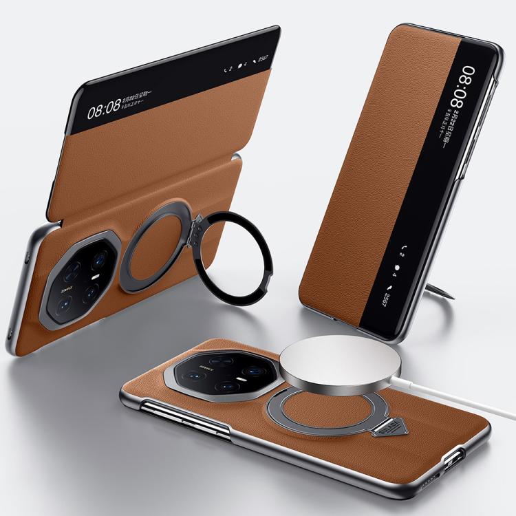 For Huawei Mate 70 RS Ultimate SULADA Smart View Window MagSafe Magnetic Holder Leather Phone Case(Brown) - free shipping - PMC TechLife - Order now!