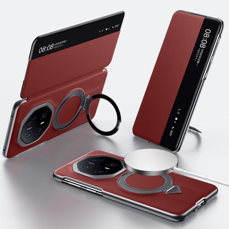 For Huawei Mate 70 RS Ultimate SULADA Smart View Window MagSafe Magnetic Holder Leather Phone Case(Red) - free shipping - PMC TechLife - Order now!