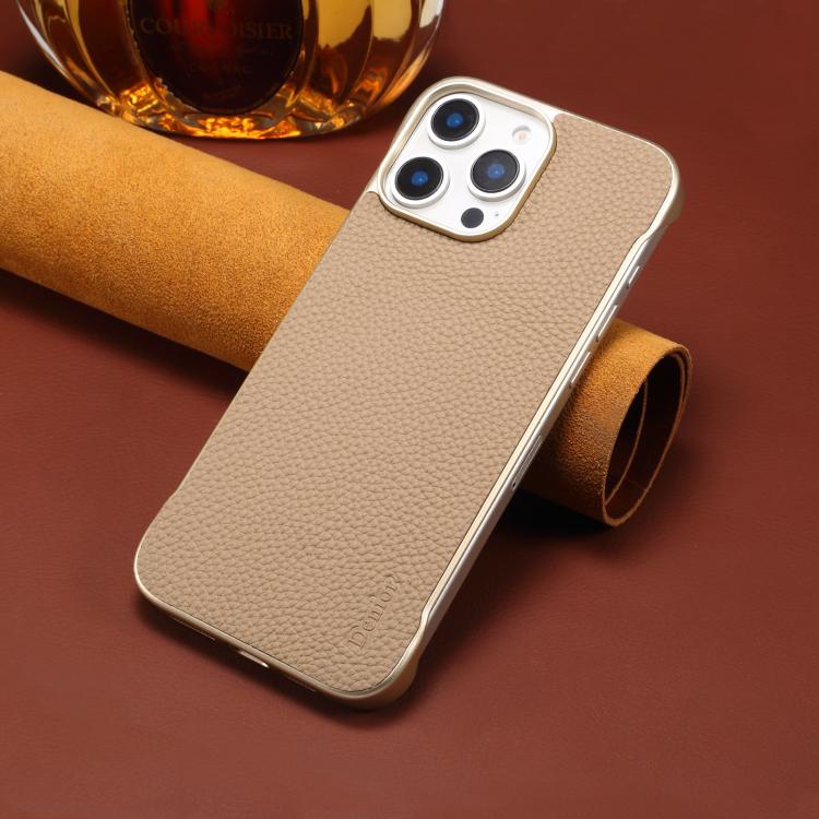 For iPhone 15 Denior A20 Genuine Leather Litchi Texture MagSafe Frameless Phone Case(Khaki) - free shipping - PMc TechLife - Order now!