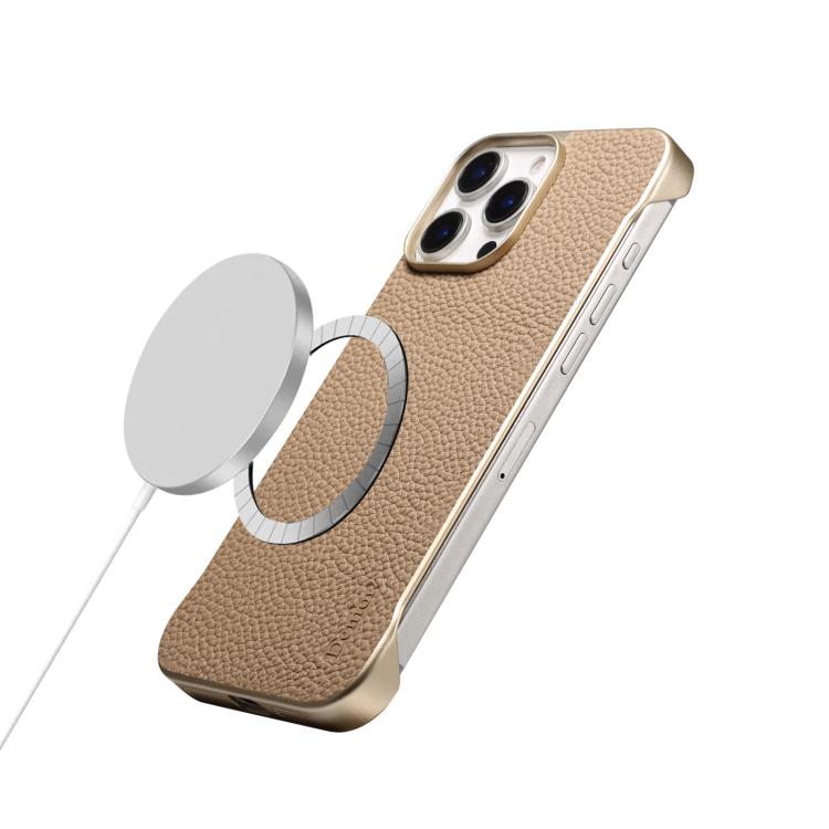 For iPhone 16 Pro Max Denior A20 Genuine Leather Litchi Texture MagSafe Frameless Phone Case(Khaki) - free shipping - PMc TechLife - Order now!