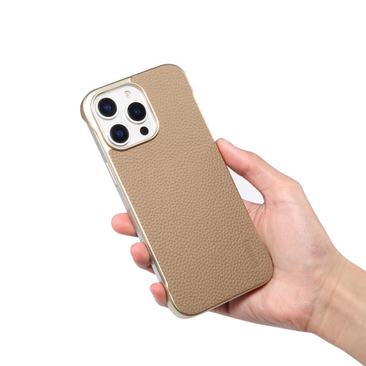 For iPhone 16 Pro Max Denior A20 Genuine Leather Litchi Texture MagSafe Frameless Phone Case(Khaki) - free shipping - PMc TechLife - Order now!