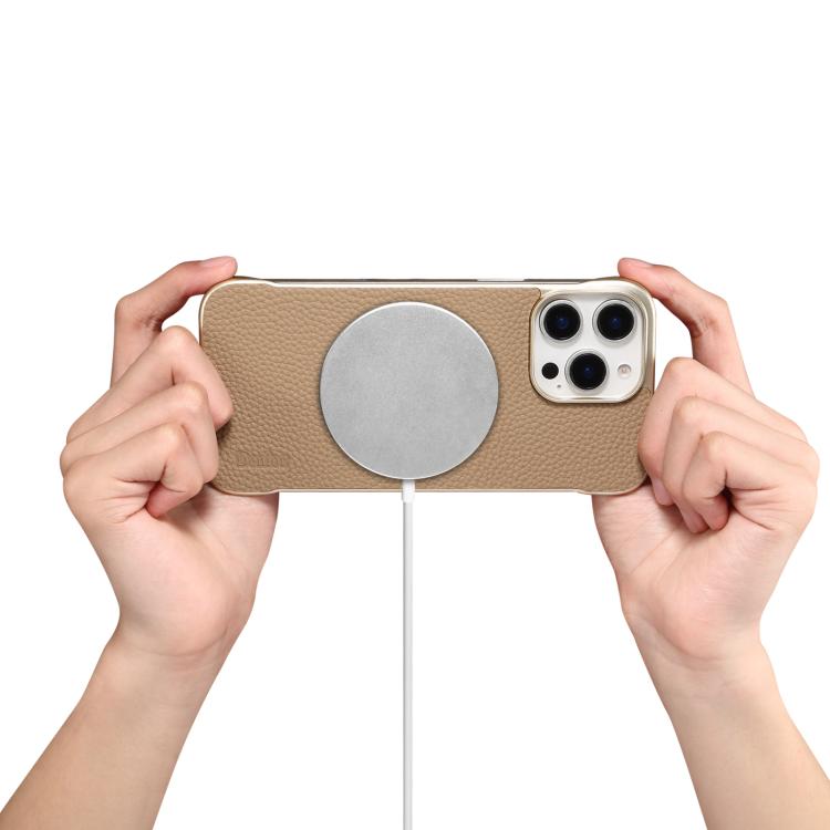 For iPhone 16 Pro Max Denior A20 Genuine Leather Litchi Texture MagSafe Frameless Phone Case(Khaki) - free shipping - PMc TechLife - Order now!