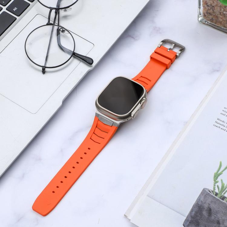 For Apple Watch Ultra / Ultra 2 49mm Stainless Steel Buckle Fluororubber Watch Band(Orange Silver) - free shipping - PMC TechLife - Order now!