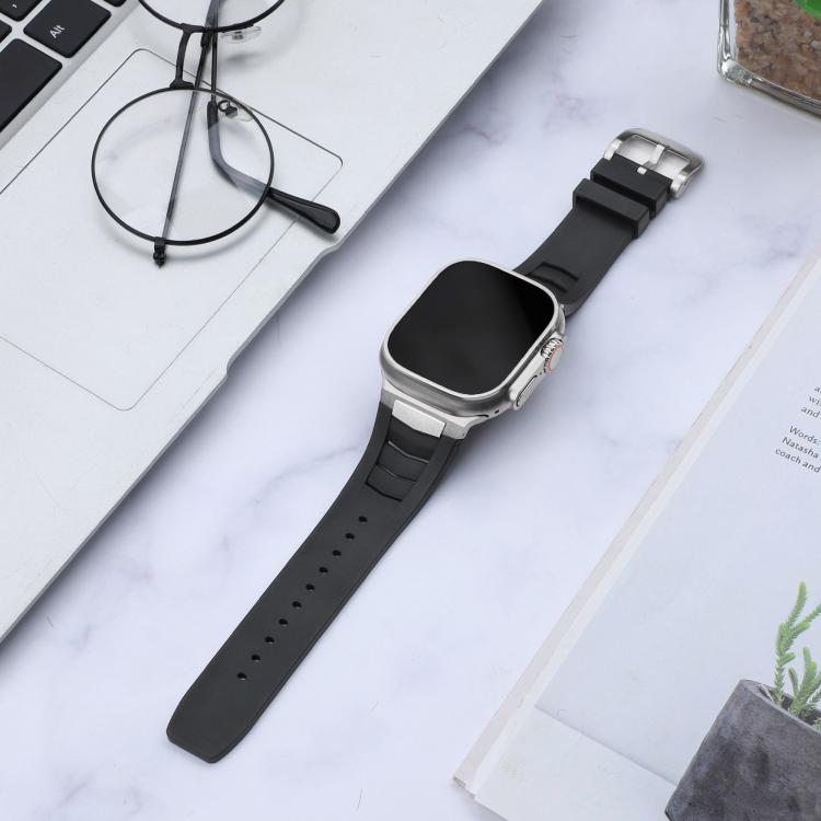 For Apple Watch Ultra / Ultra 2 49mm Stainless Steel Buckle Fluororubber Watch Band(Black Silver) - free shipping - PMC TechLife - Order now!