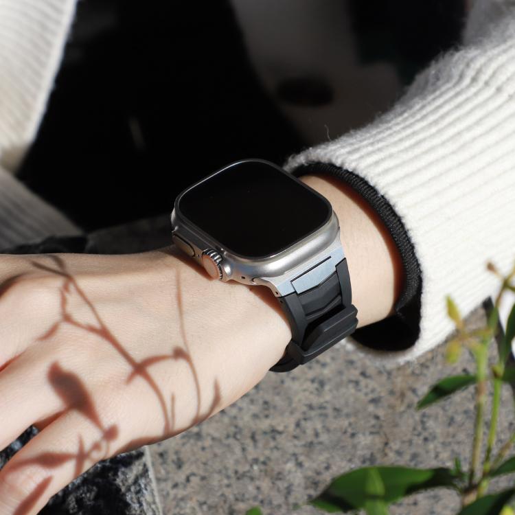 For Apple Watch Ultra / Ultra 2 49mm Stainless Steel Buckle Fluororubber Watch Band(Black Silver) - free shipping - PMC TechLife - Order now!