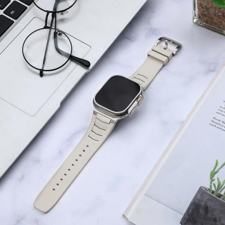 For Apple Watch Ultra / Ultra 2 49mm Stainless Steel Buckle Fluororubber Watch Band(Starlight Silver) - free shipping - PMC TechLife - Order now!
