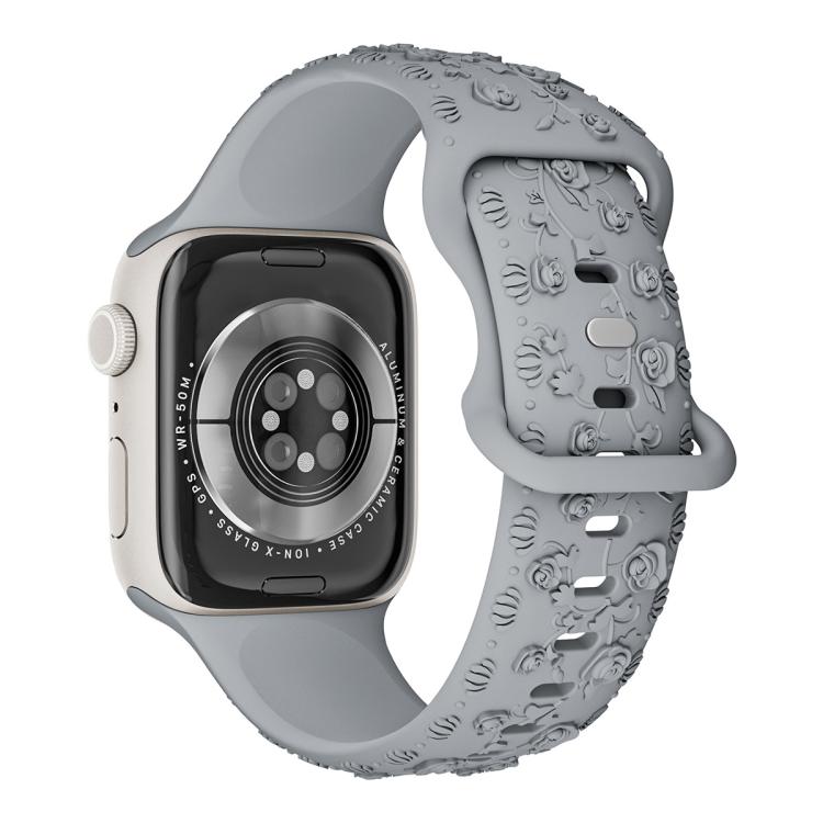 For Apple Watch 46mm / 49mm / 45mm / 44mm Embossed 3D Rose Flower Silicone Watch Band(Grey) - free shipping - PMc TechLife - Order now!
