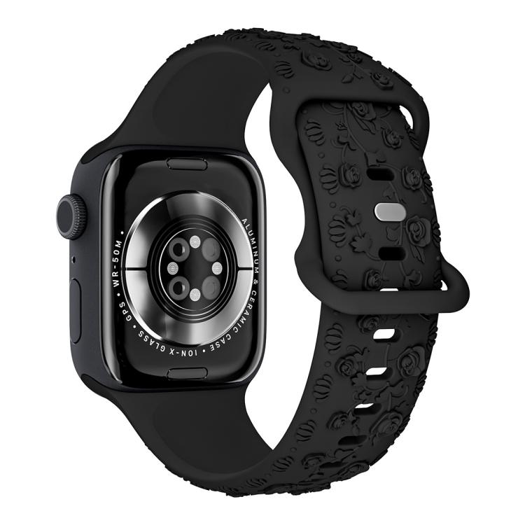 For Apple Watch 42mm / 41mm / 40mm / 38mm Embossed 3D Rose Flower Silicone Watch Band(Black) - free shipping - PMc TechLife - Order now!