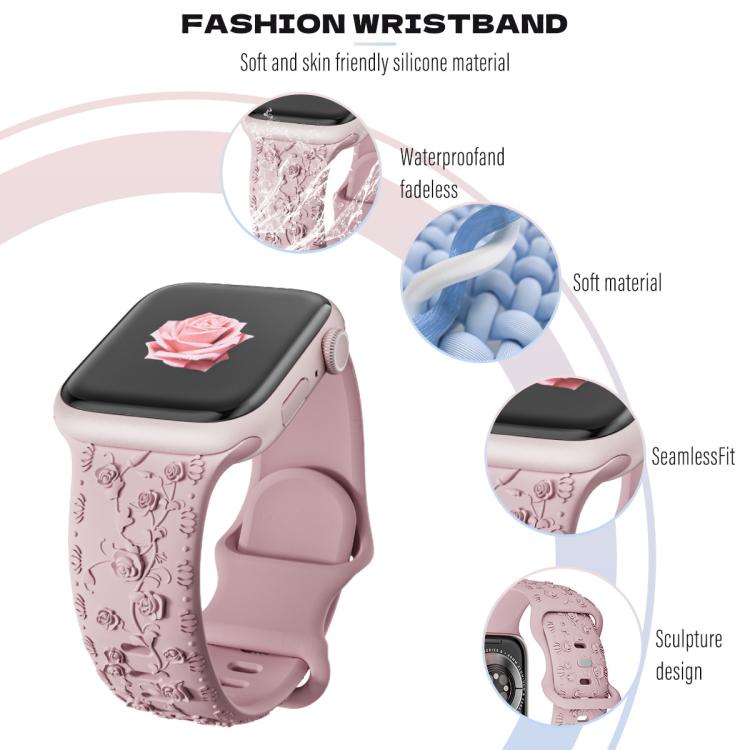 For Apple Watch 42mm / 41mm / 40mm / 38mm Embossed 3D Rose Flower Silicone Watch Band(Black) - free shipping - PMc TechLife - Order now!