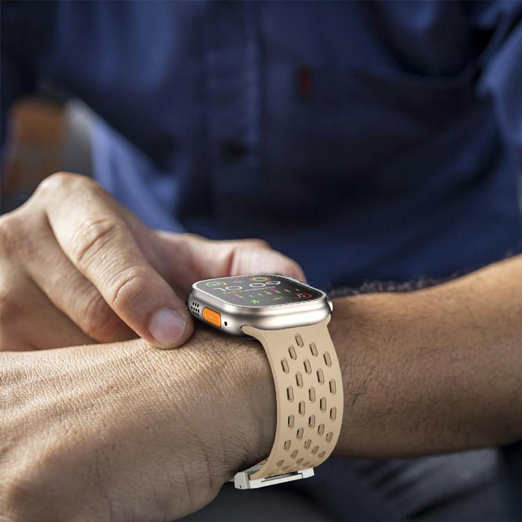 For Apple Watch 46mm / 49mm / 45mm / 44mm Kalebol Mesh Silver Umbrella Buckle Silicone Strap(Milk Tea) - free shipping - PMC TechLife - Order now!
