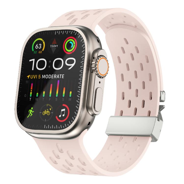 For Apple Watch 46mm / 49mm / 45mm / 44mm Kalebol Mesh Silver Umbrella Buckle Silicone Strap(Sand Pink) - free shipping - PMC TechLife - Order now!
