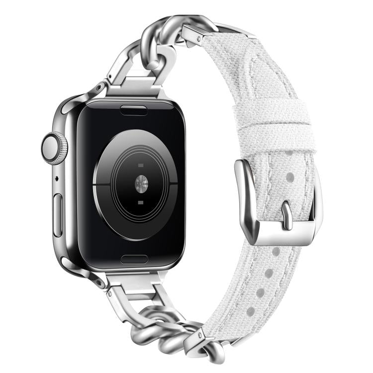 For Apple Watch 46mm / 49mm / 45mm / 44mm Metal Chain Leather Denim Watch Band(White) - Watch Bands by PMc TechLife | Online Shopping South Africa | PMc TechLife | Buy Now Pay Later Mobicred