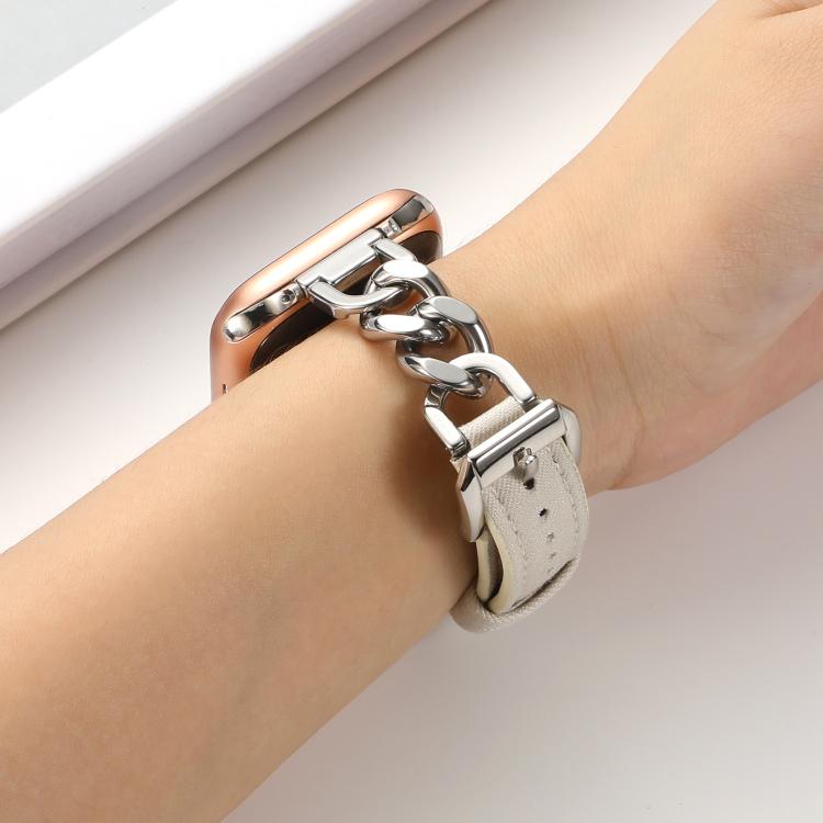 For Apple Watch 46mm / 49mm / 45mm / 44mm Metal Chain Leather Denim Watch Band(White) - Watch Bands by PMc TechLife | Online Shopping South Africa | PMc TechLife | Buy Now Pay Later Mobicred