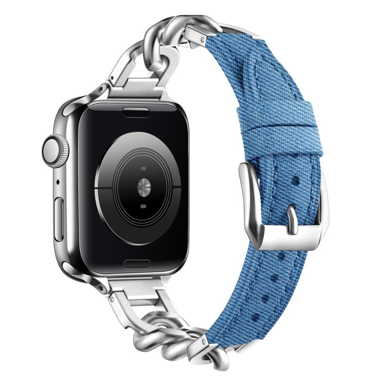 For Apple Watch 46mm / 49mm / 45mm / 44mm Metal Chain Leather Denim Watch Band(Baby Blue) - free shipping - PMc TechLife - Order now!
