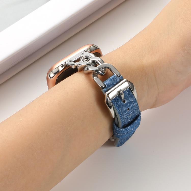 For Apple Watch 46mm / 49mm / 45mm / 44mm Metal Chain Leather Denim Watch Band(Baby Blue) - free shipping - PMc TechLife - Order now!