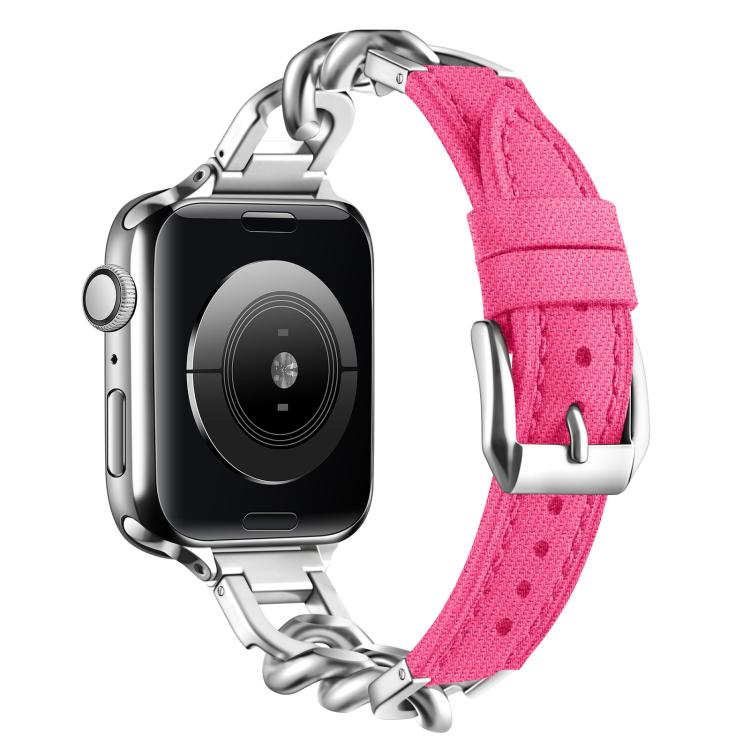 For Apple Watch 46mm / 49mm / 45mm / 44mm Metal Chain Leather Denim Watch Band(Peach Red) - free shipping - PMc TechLife - Order now!