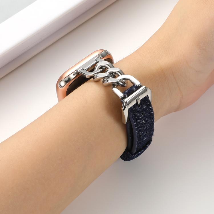 For Apple Watch 46mm / 49mm / 45mm / 44mm Metal Chain Leather Denim Watch Band(Ochre Red) - free shipping - PMc TechLife - Order now!