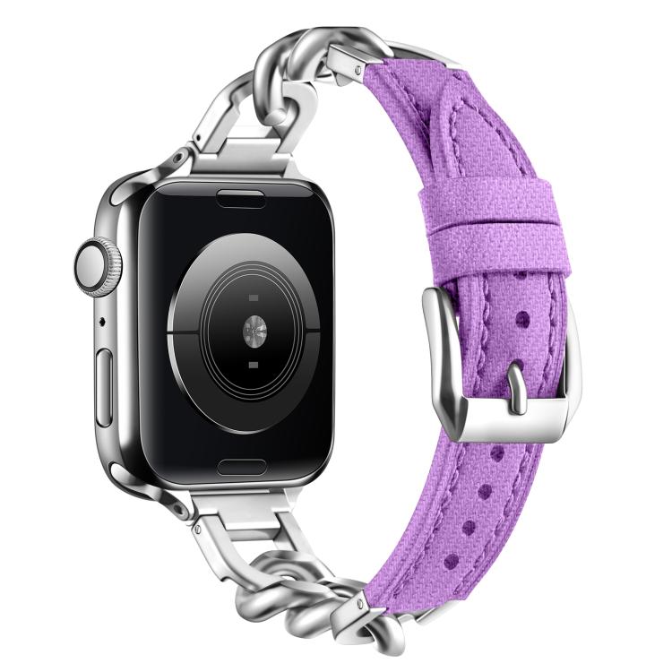 For Apple Watch 46mm / 49mm / 45mm / 44mm Metal Chain Leather Denim Watch Band(Purple) - free shipping - PMc TechLife - Order now!