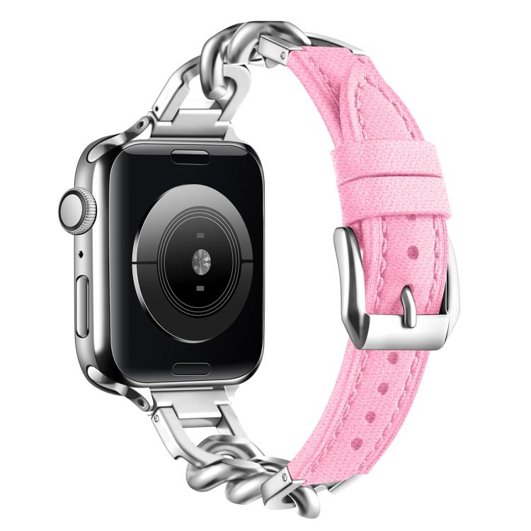 For Apple Watch 42mm / 41mm / 40mm / 38mm Metal Chain Leather Denim Watch Band(Pink) - free shipping - PMc TechLife - Order now!