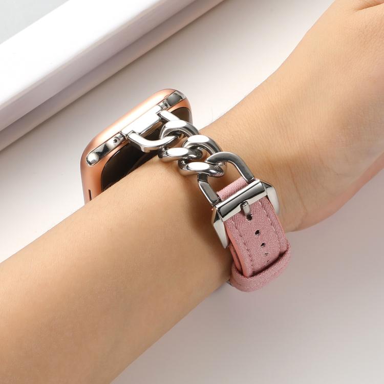 For Apple Watch 42mm / 41mm / 40mm / 38mm Metal Chain Leather Denim Watch Band(Pink) - free shipping - PMc TechLife - Order now!