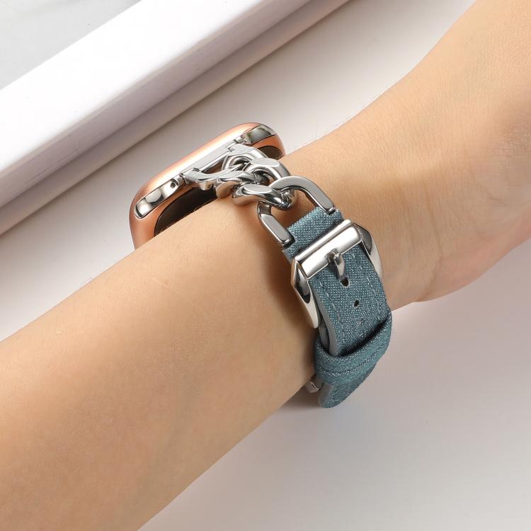 For Apple Watch 42mm / 41mm / 40mm / 38mm Metal Chain Leather Denim Watch Band(Blue) - free shipping - PMc TechLife - Order now!