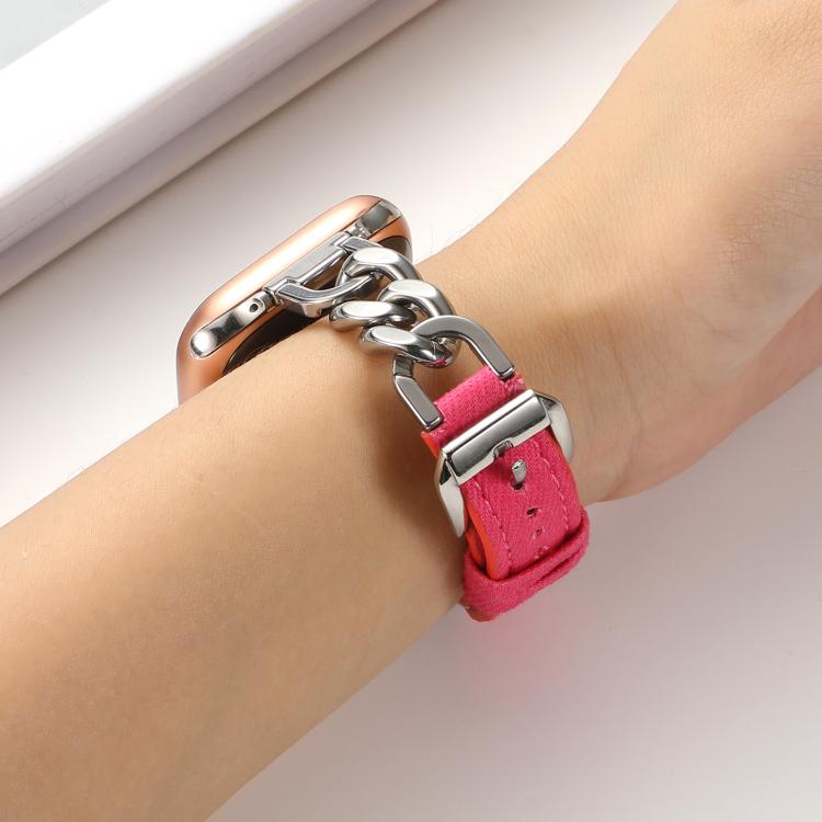 For Apple Watch 42mm / 41mm / 40mm / 38mm Metal Chain Leather Denim Watch Band(Peach Red) - free shipping - PMc TechLife - Order now!