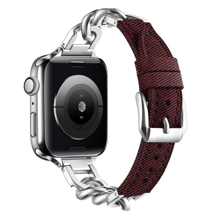 For Apple Watch 42mm / 41mm / 40mm / 38mm Metal Chain Leather Denim Watch Band(Ochre Red) - free shipping - PMc TechLife - Order now!