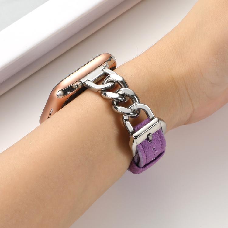 For Apple Watch 42mm / 41mm / 40mm / 38mm Metal Chain Leather Denim Watch Band(Purple) - free shipping - PMc TechLife - Order now!