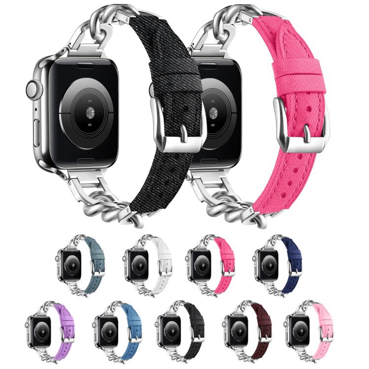 For Apple Watch 42mm / 41mm / 40mm / 38mm Metal Chain Leather Denim Watch Band(Blue) - free shipping - PMc TechLife - Order now!