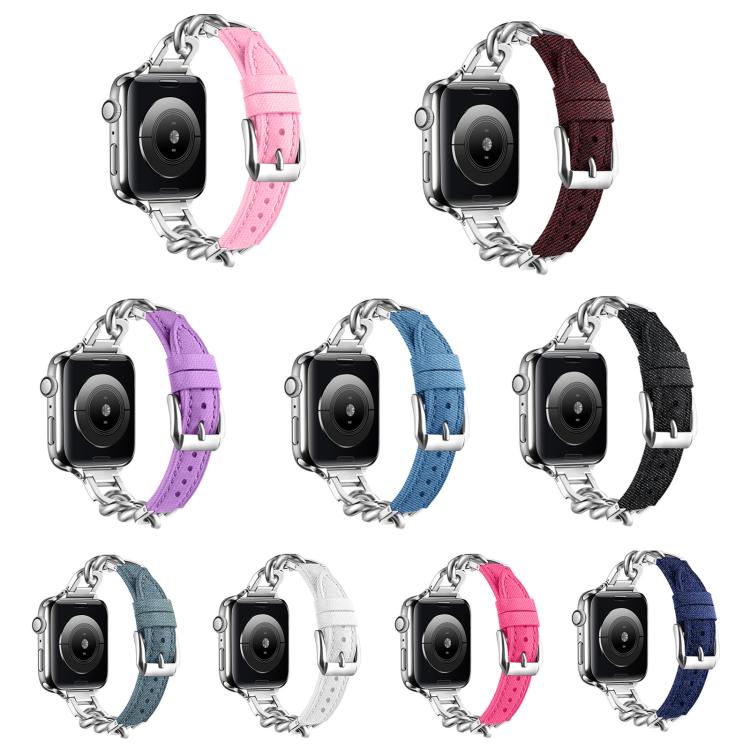 For Apple Watch 46mm / 49mm / 45mm / 44mm Metal Chain Leather Denim Watch Band(Ochre Red) - free shipping - PMc TechLife - Order now!