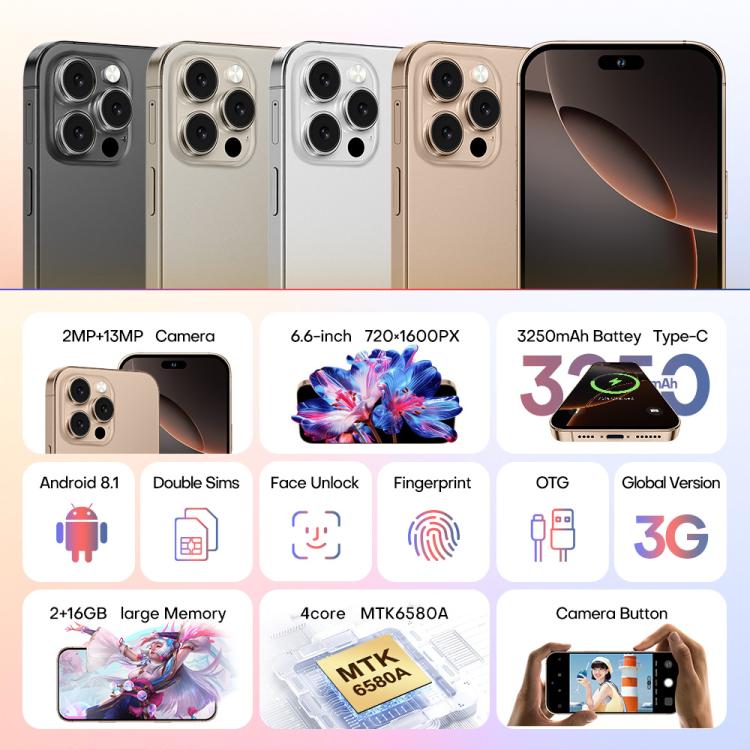 A88 / i16 Pro Max, 2GB+16GB, 6.6 inch Android 8.1 MTK6580A Quad Core, OTG, Network: 3G, Dual SIM, Plug:UK Plug(Titanium Black) - free shipping - PMc TechLife - Order now!