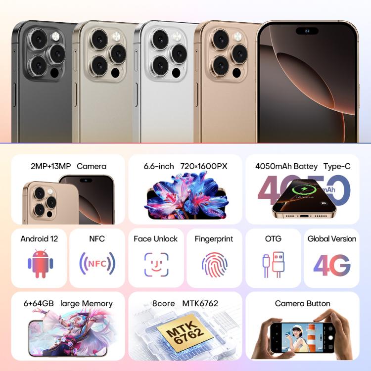A88A / i16 Pro Max, 6GB+64GB, 6.6 inch Android 12 MTK6762 Helio G25 Octa Core, NFC, OTG, Network: 4G, Dual SIM, Plug:US Plug(Titanium Grey) - free shipping - PMc TechLife - Order now!