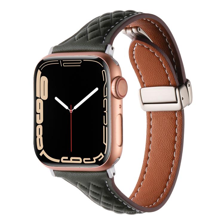 For Apple Watch 46mm / 49mm / 45mm / 44mm Kalebol Diamond Pattern Magnetic Buckle Leather Strap(Olive Green) - Watch Bands by Kalebol | Online Shopping South Africa | PMC TechLife | Buy Now Pay Later Mobicred