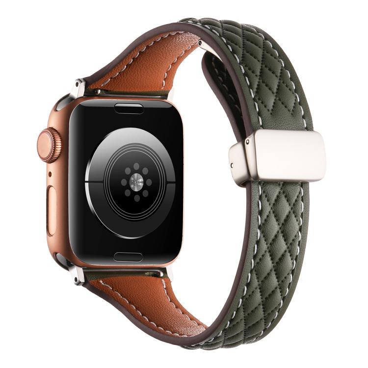 For Apple Watch 46mm / 49mm / 45mm / 44mm Kalebol Diamond Pattern Magnetic Buckle Leather Strap(Olive Green) - Watch Bands by Kalebol | Online Shopping South Africa | PMC TechLife | Buy Now Pay Later Mobicred