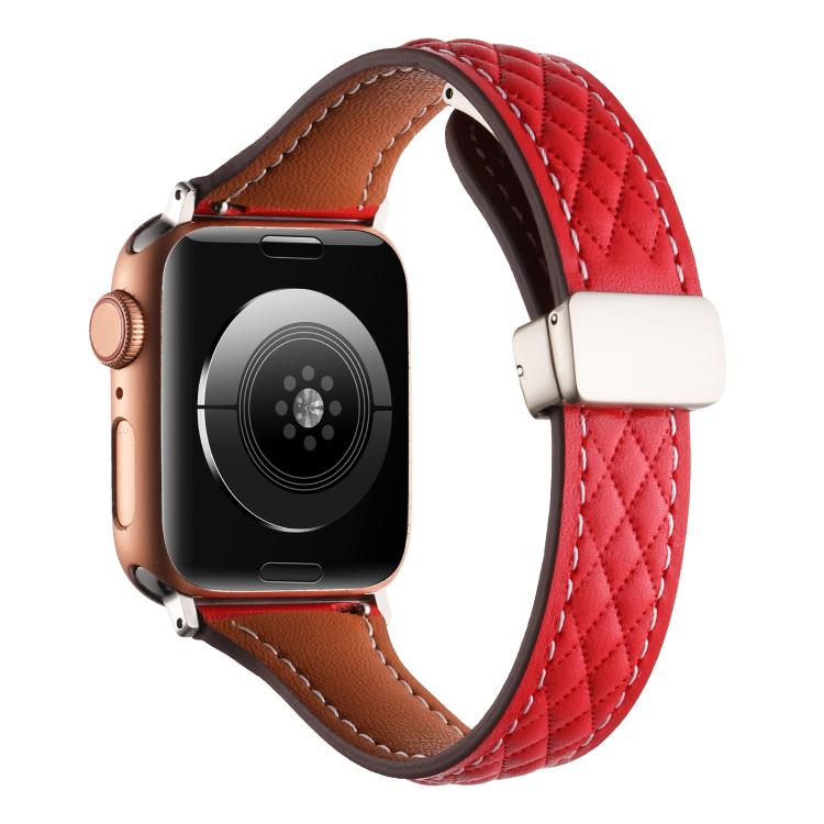 For Apple Watch 42mm / 41mm / 40mm / 38mm Kalebol Diamond Pattern Magnetic Buckle Leather Strap(Red) - Watch Bands by Kalebol | Online Shopping South Africa | PMC TechLife | Buy Now Pay Later Mobicred