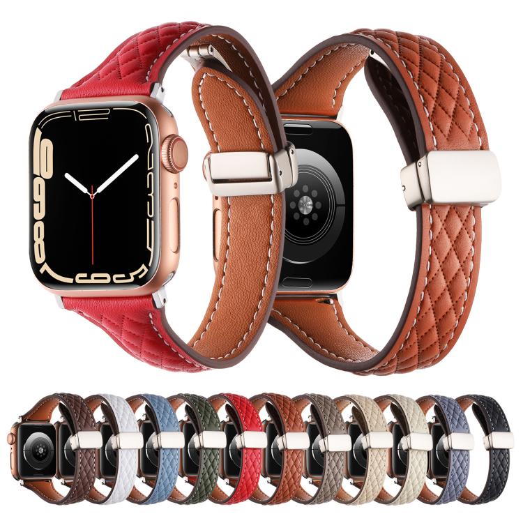 For Apple Watch 46mm / 49mm / 45mm / 44mm Kalebol Diamond Pattern Magnetic Buckle Leather Strap(White) - Watch Bands by Kalebol | Online Shopping South Africa | PMC TechLife | Buy Now Pay Later Mobicred