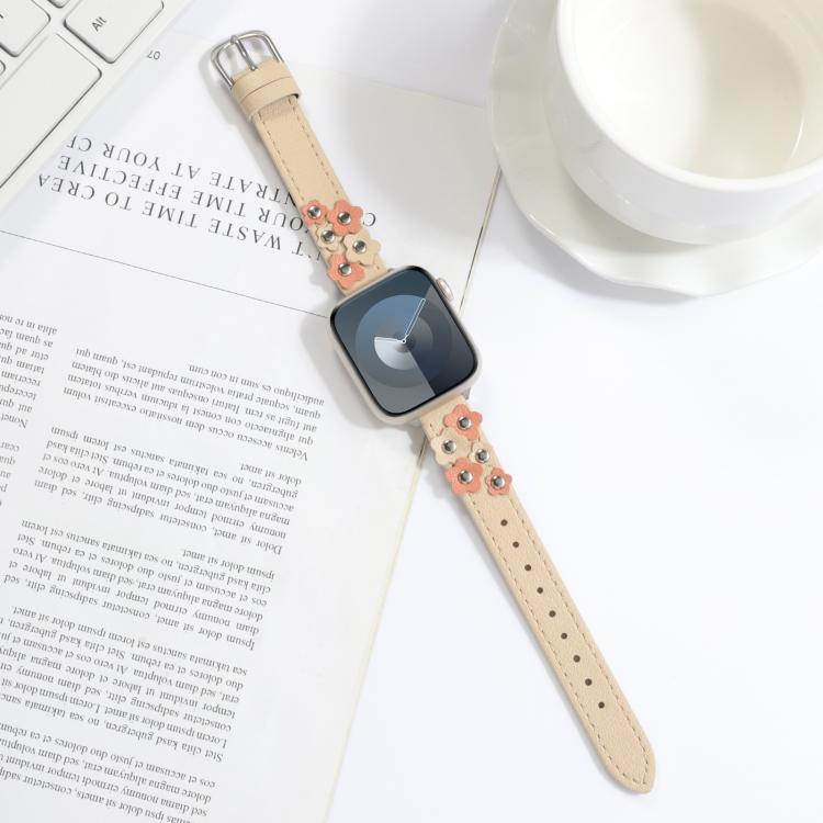 For Apple Watch 42mm / 41mm / 40mm / 38mm Kalebol Studded Flower Leather Strap(Milk Apricot) - free shipping - PMC TechLife - Order now!