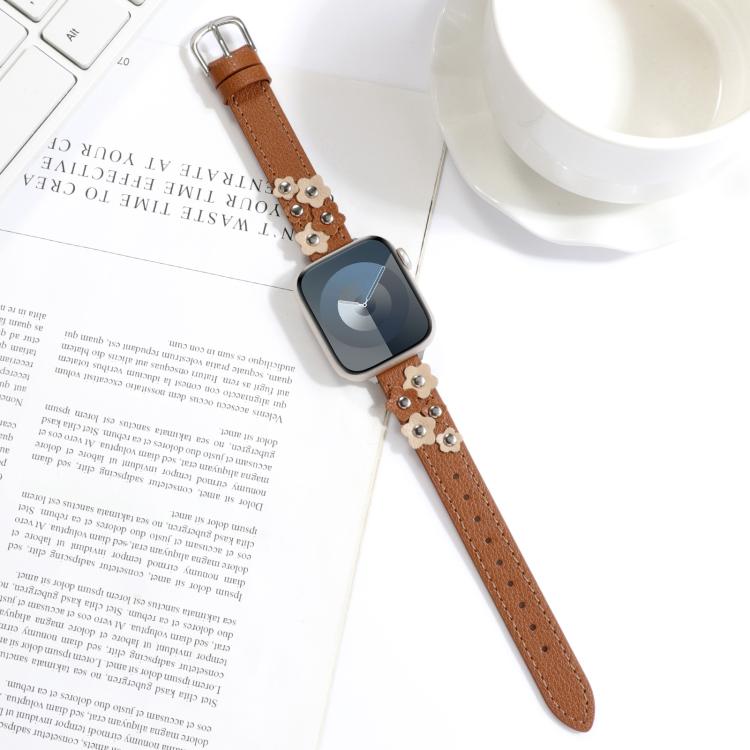 For Apple Watch 42mm / 41mm / 40mm / 38mm Kalebol Studded Flower Leather Strap(Brown) - free shipping - PMC TechLife - Order now!