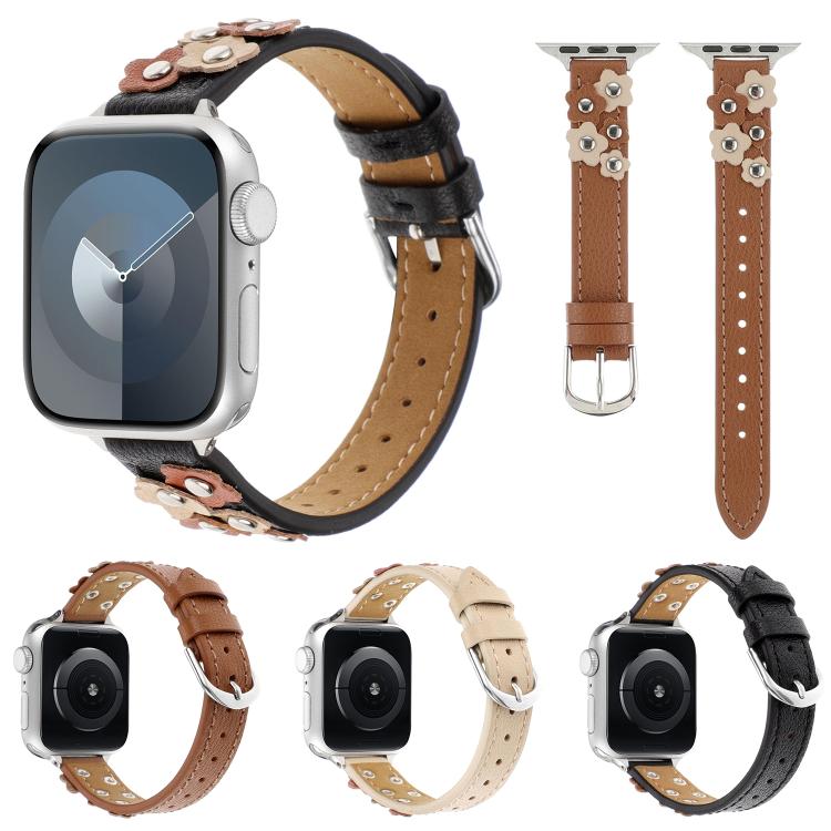 For Apple Watch 46mm / 49mm / 45mm / 44mm Kalebol Studded Flower Leather Strap(Brown) - free shipping - PMC TechLife - Order now!
