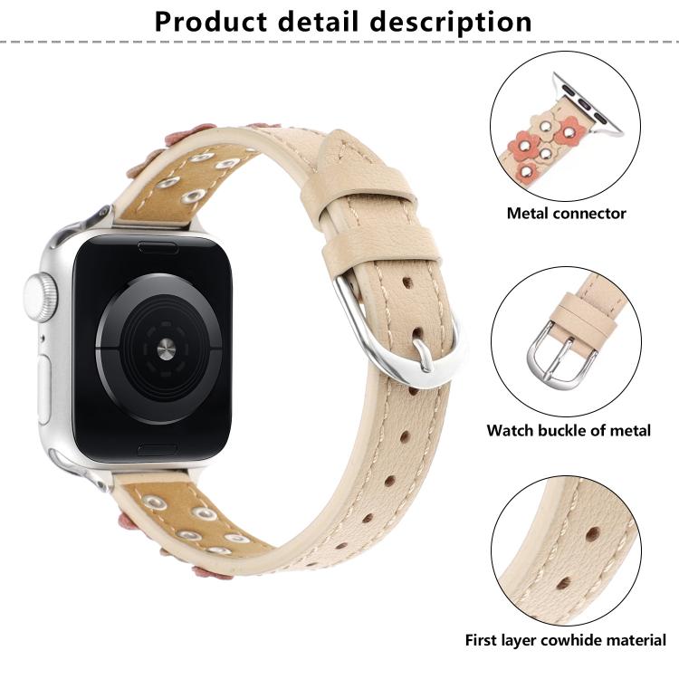 For Apple Watch 46mm / 49mm / 45mm / 44mm Kalebol Studded Flower Leather Strap(Milk Apricot) - free shipping - PMC TechLife - Order now!